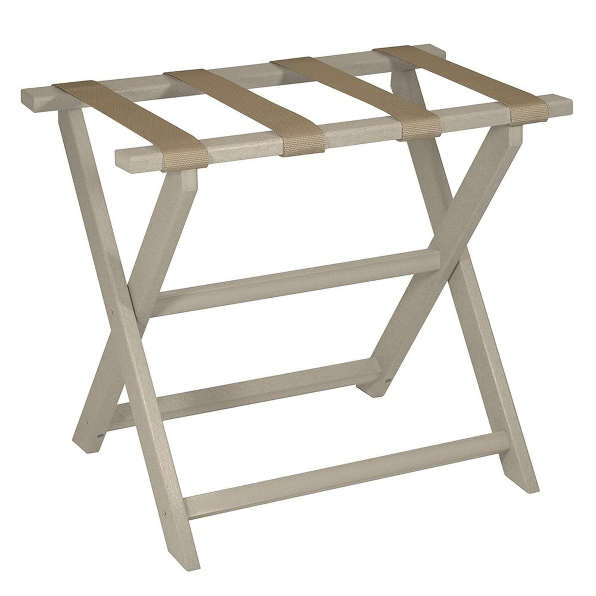 HomeRoots Earth Friendly Folding Luggage Rack in Taupe Finish With Dark Tan Straps
