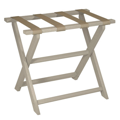 HomeRoots Earth Friendly Folding Luggage Rack in Taupe Finish With Dark Tan Straps