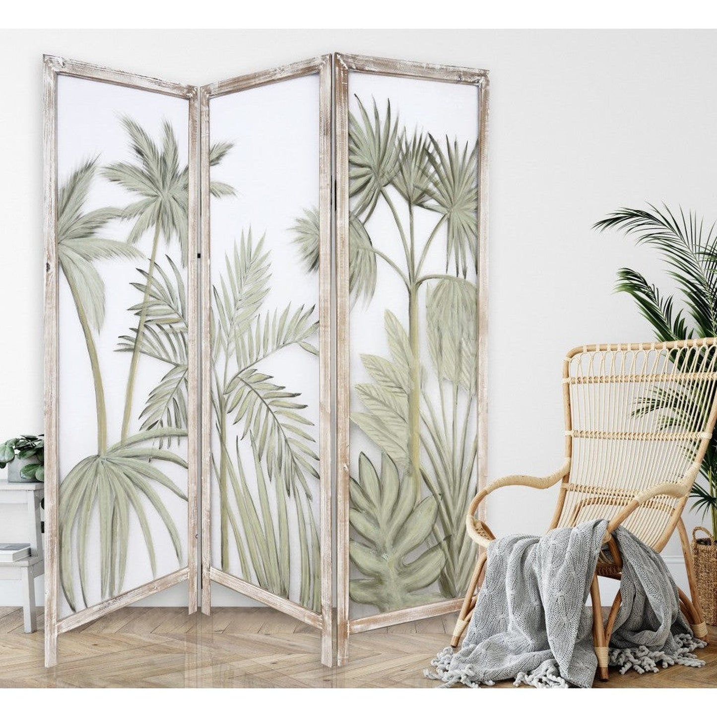 HomeRoots Earthy Opaque Palms Three Panel Room Divider Screen With Brown Finish