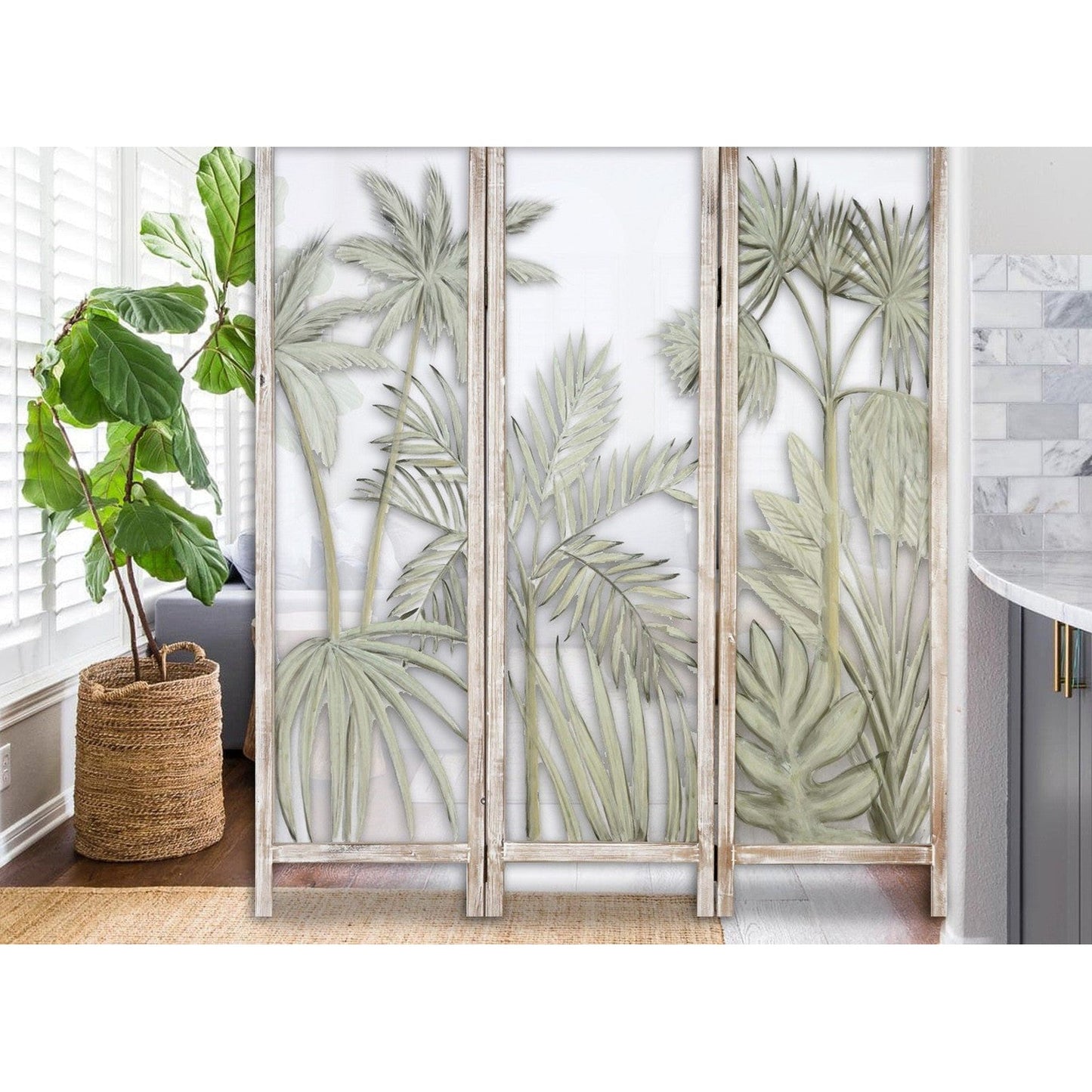 HomeRoots Earthy Opaque Palms Three Panel Room Divider Screen With Brown Finish