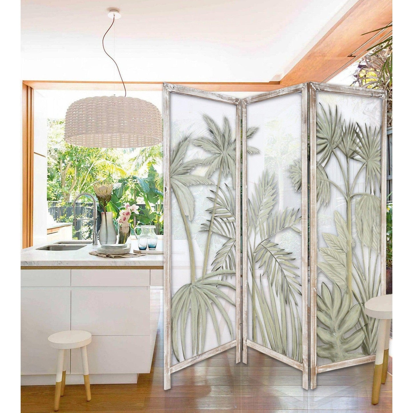 HomeRoots Earthy Opaque Palms Three Panel Room Divider Screen With Brown Finish