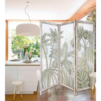HomeRoots Earthy Opaque Palms Three Panel Room Divider Screen With Brown Finish