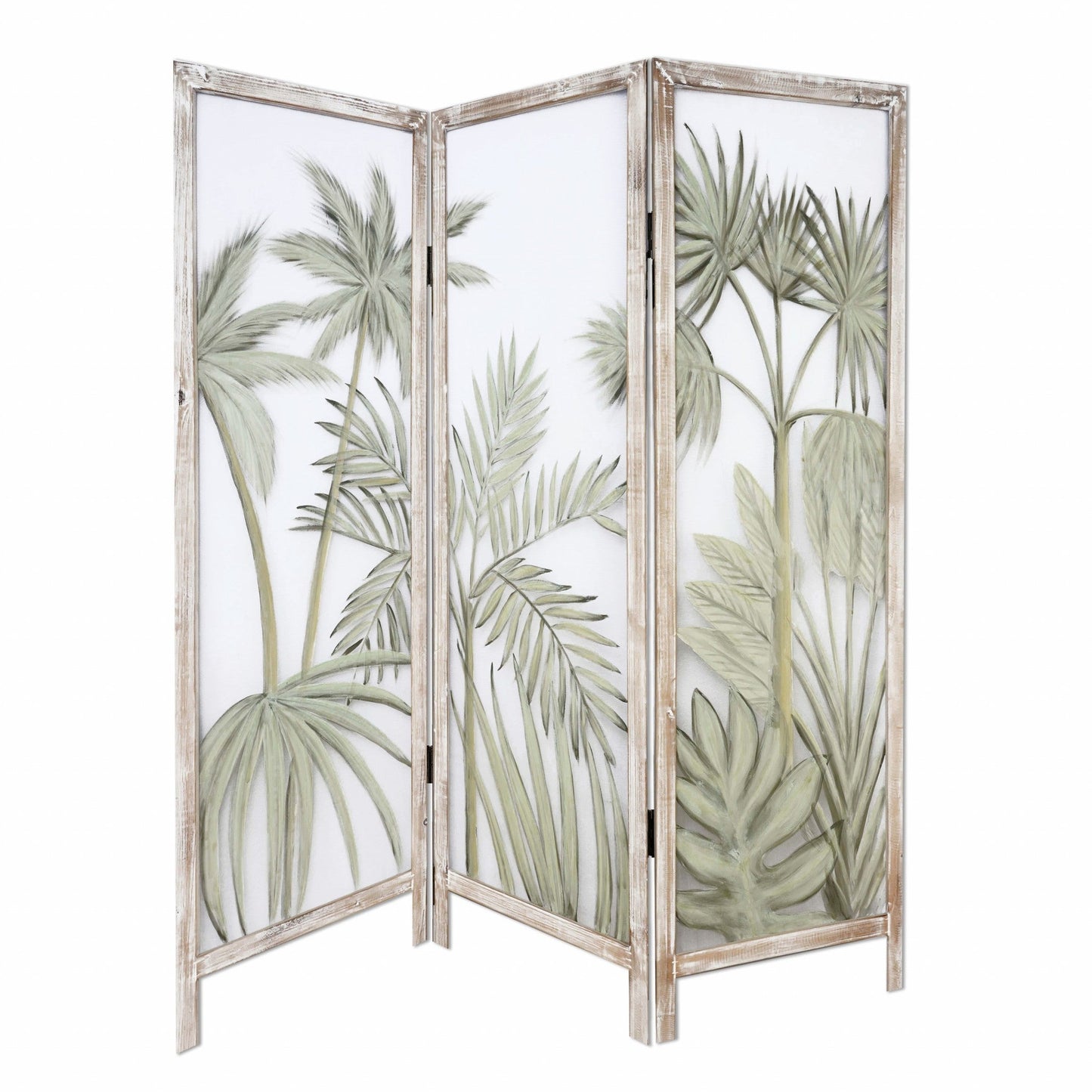 HomeRoots Earthy Opaque Palms Three Panel Room Divider Screen With Brown Finish
