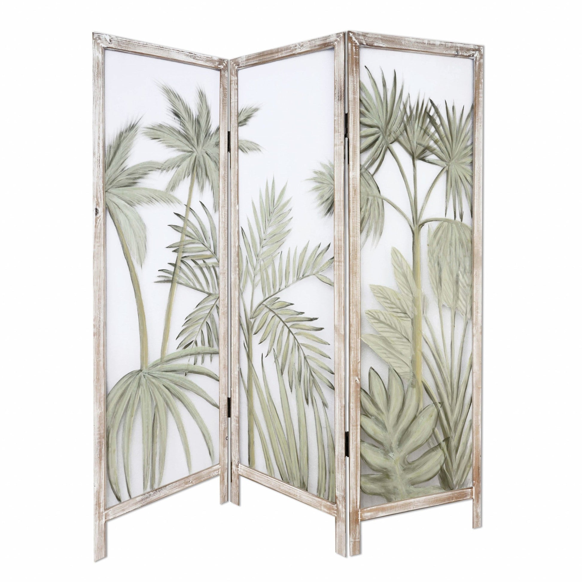 HomeRoots Earthy Opaque Palms Three Panel Room Divider Screen With Brown Finish