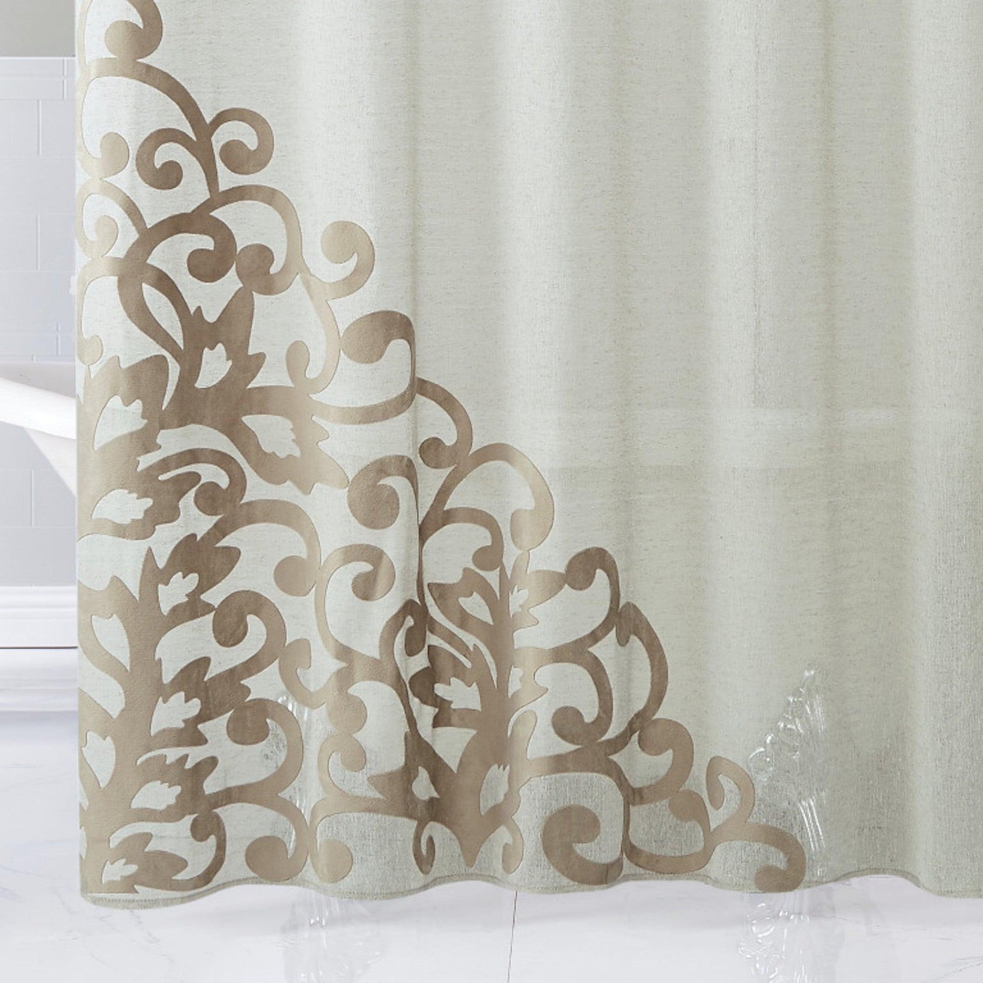 HomeRoots Gold Contemporary Velvet Scroll Shower Curtain