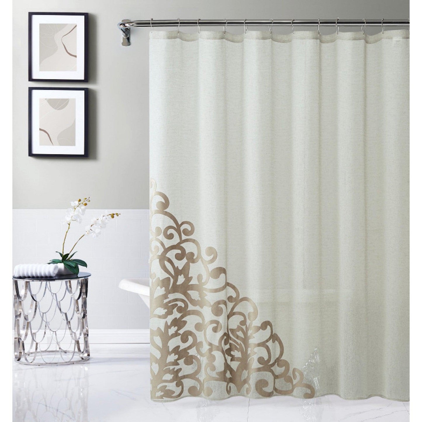 HomeRoots Gold Contemporary Velvet Scroll Shower Curtain