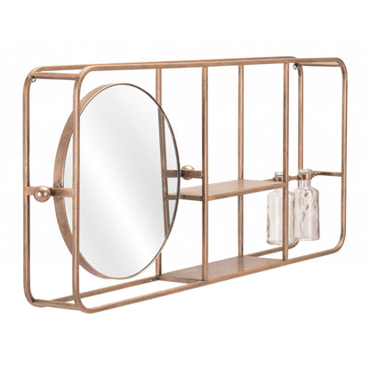 HomeRoots Gold Horizontal Shelf with Round Mirror
