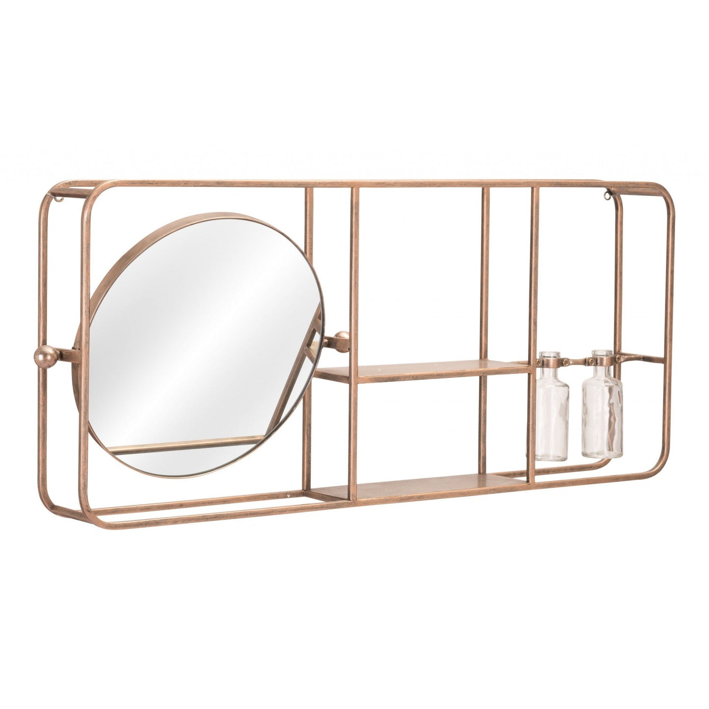 HomeRoots Gold Horizontal Shelf with Round Mirror
