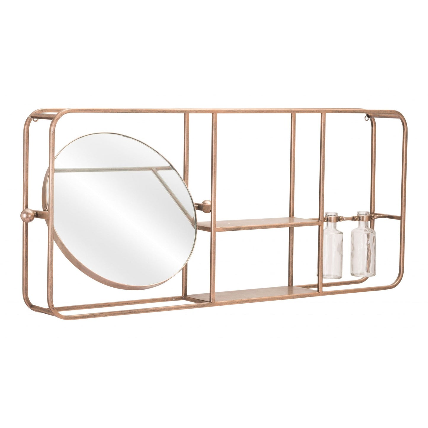 HomeRoots Gold Horizontal Shelf with Round Mirror