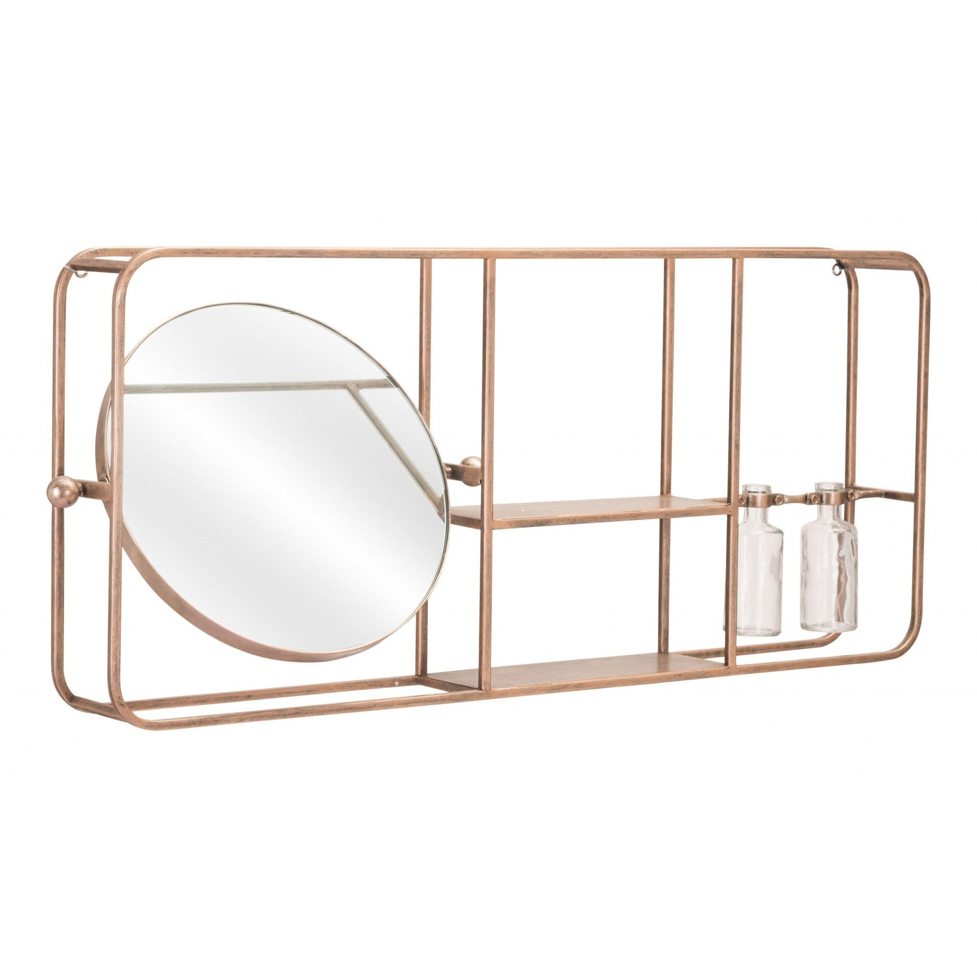 HomeRoots Gold Horizontal Shelf with Round Mirror