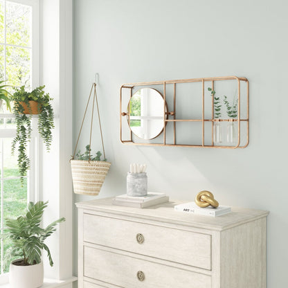 HomeRoots Gold Horizontal Shelf with Round Mirror