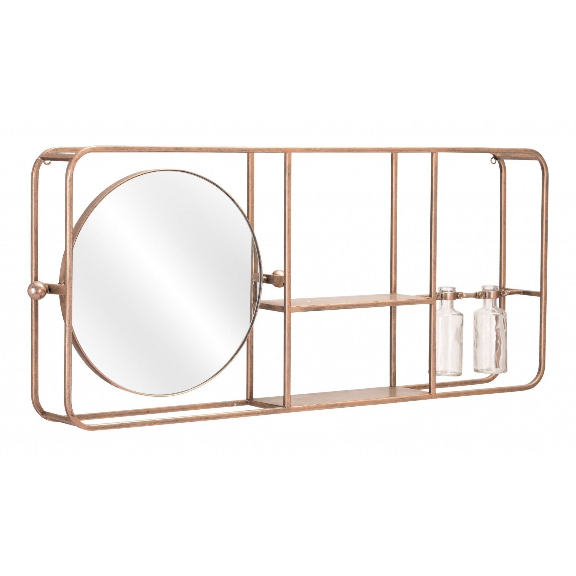 HomeRoots Gold Horizontal Shelf with Round Mirror