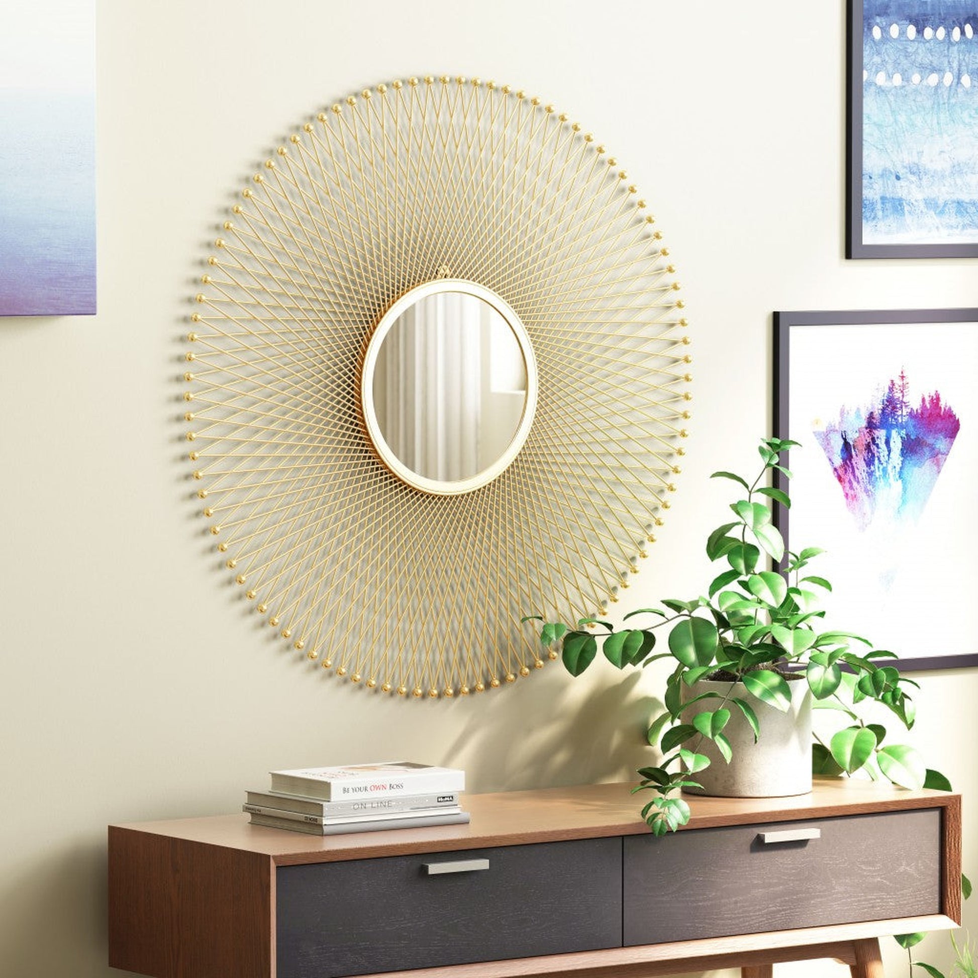 HomeRoots Gold Lattice Round Mirror