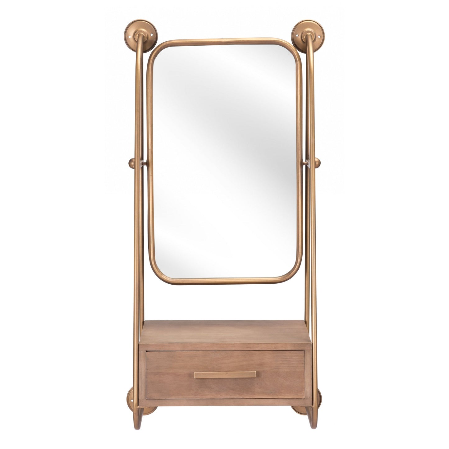 HomeRoots Gold Mirror Shelf with Birch Drawer