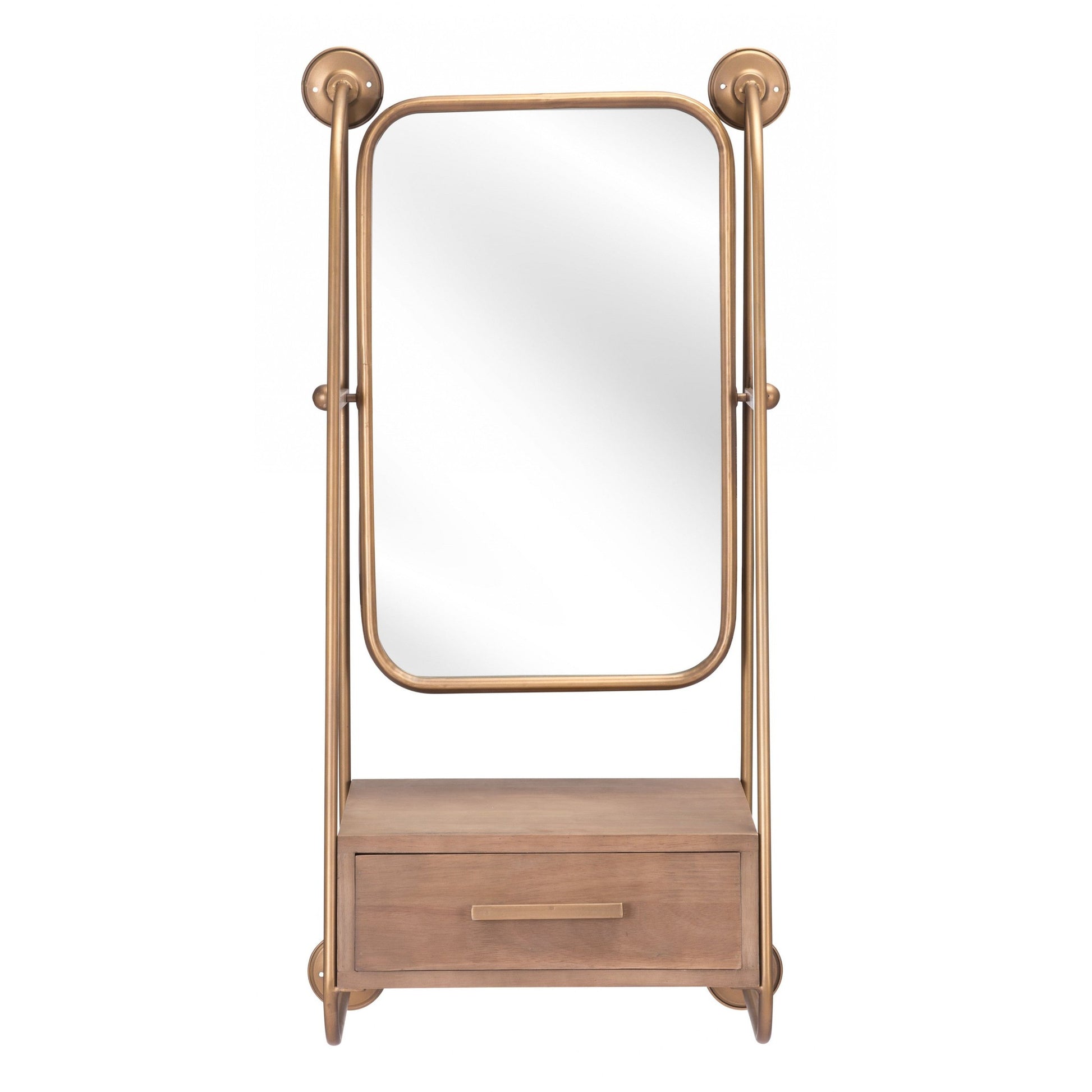 HomeRoots Gold Mirror Shelf with Birch Drawer