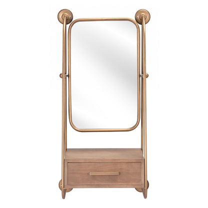 HomeRoots Gold Mirror Shelf with Birch Drawer