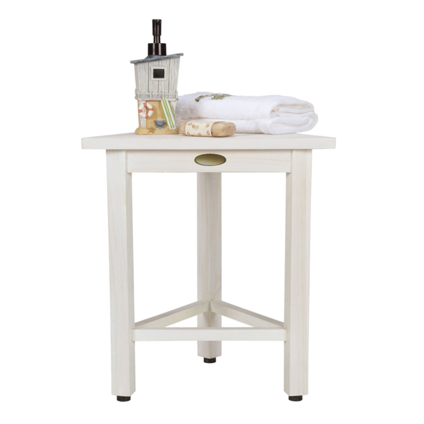 HomeRoots Hotel White Teak 18" Triangle Corner Shower Bench or Shelf