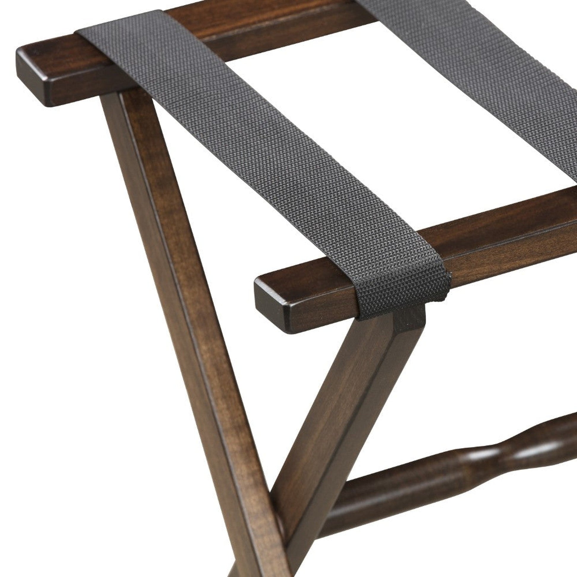 HomeRoots Hotel Wood Folding Luggage Rack in Dark Walnut Finish With Black Straps