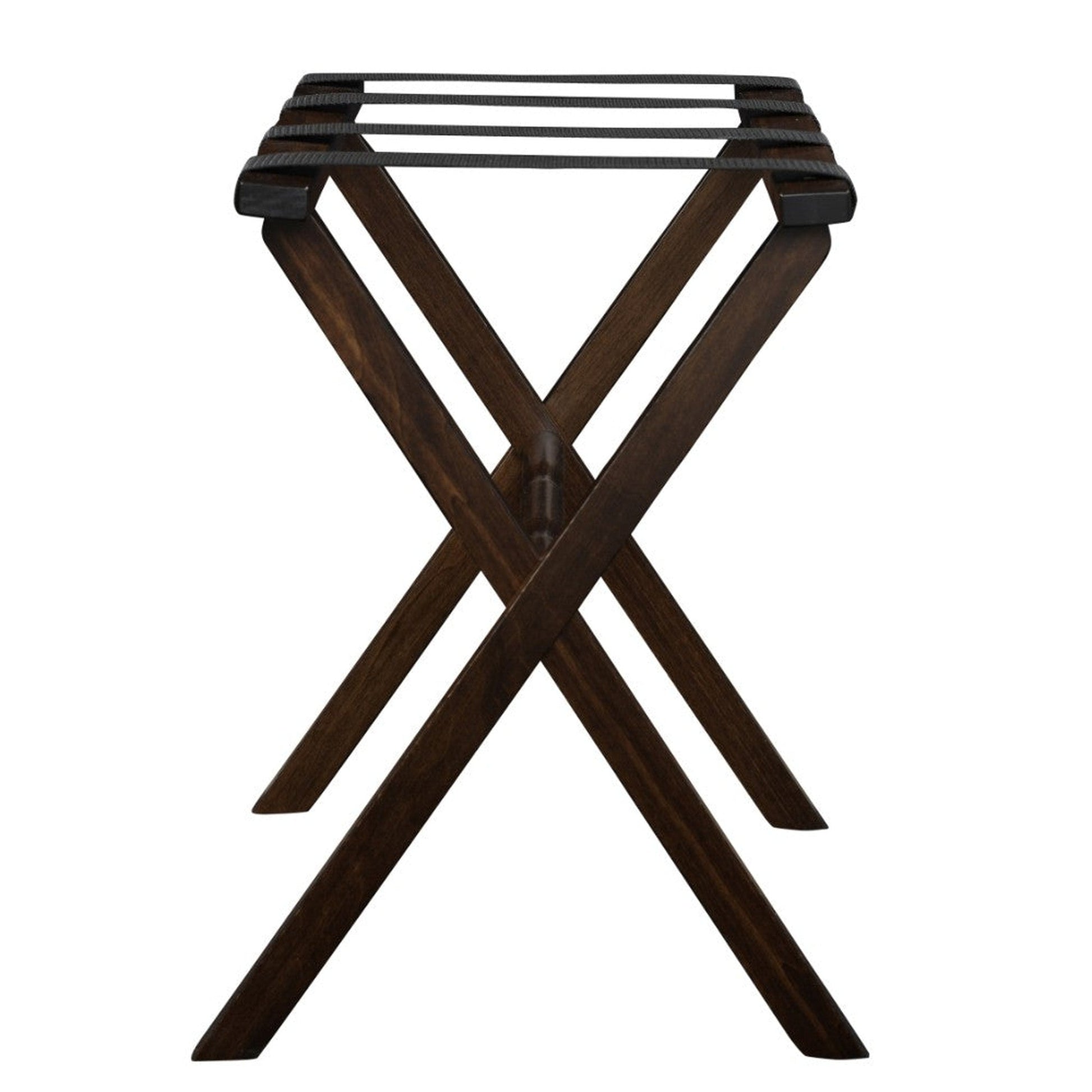 HomeRoots Hotel Wood Folding Luggage Rack in Dark Walnut Finish With Black Straps