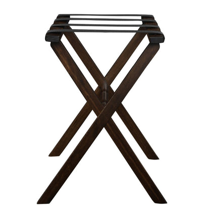 HomeRoots Hotel Wood Folding Luggage Rack in Dark Walnut Finish With Black Straps