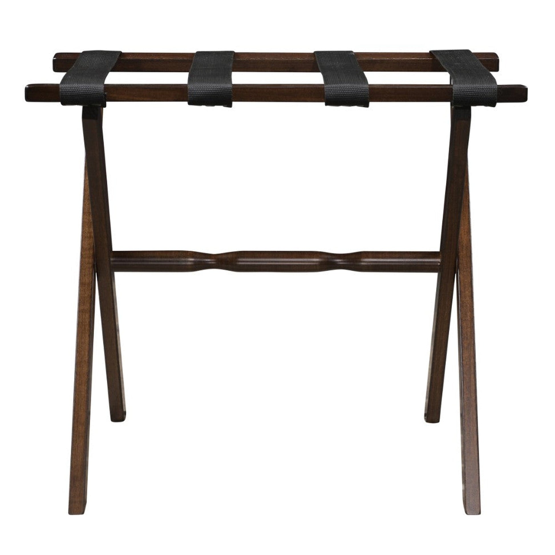 HomeRoots Hotel Wood Folding Luggage Rack in Dark Walnut Finish With Black Straps