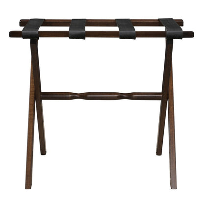 HomeRoots Hotel Wood Folding Luggage Rack in Dark Walnut Finish With Black Straps