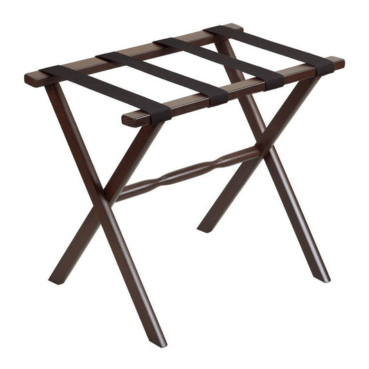 HomeRoots Hotel Wood Folding Luggage Rack in Dark Walnut Finish With Black Straps