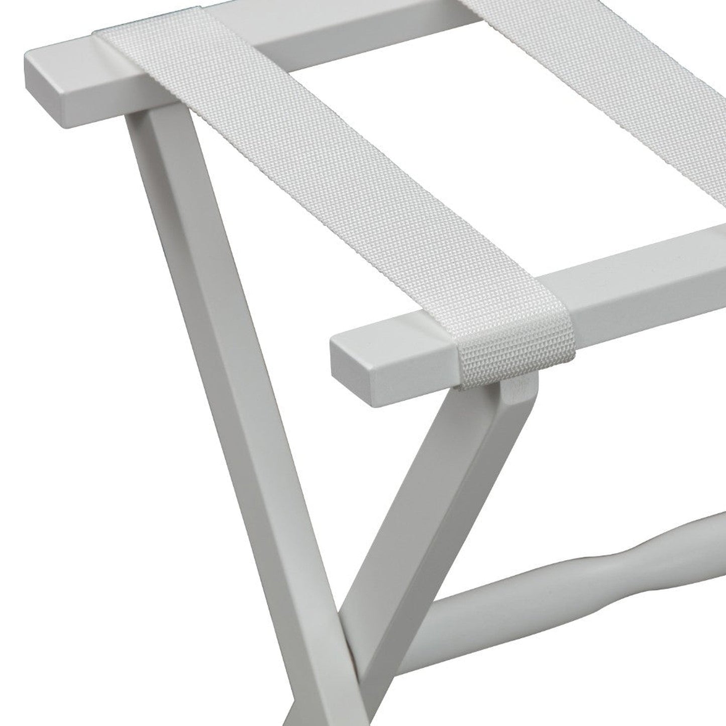 HomeRoots Hotel Wood Folding Luggage Rack in White Finish With White Straps