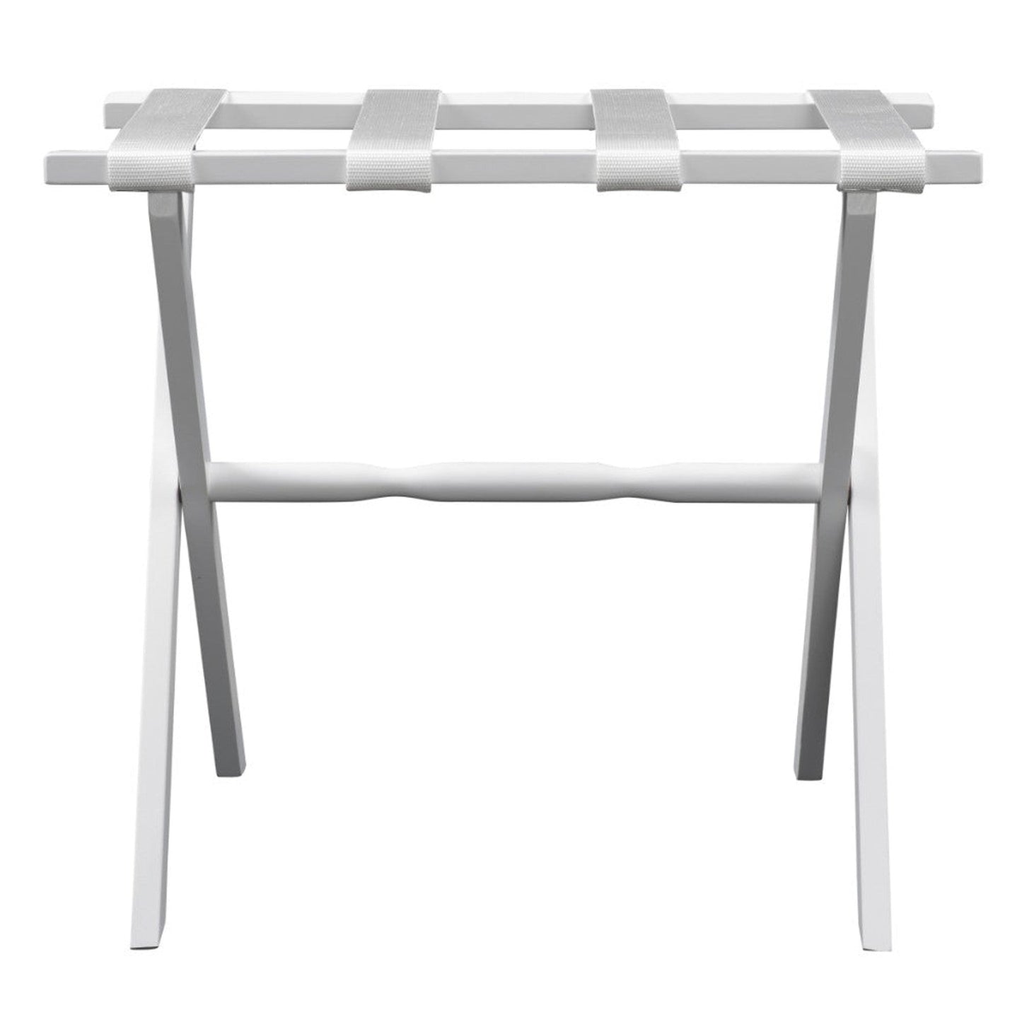 HomeRoots Hotel Wood Folding Luggage Rack in White Finish With White Straps