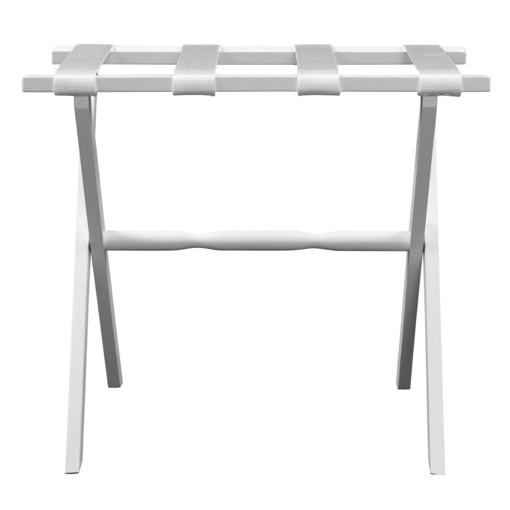 HomeRoots Hotel Wood Folding Luggage Rack in White Finish With White Straps