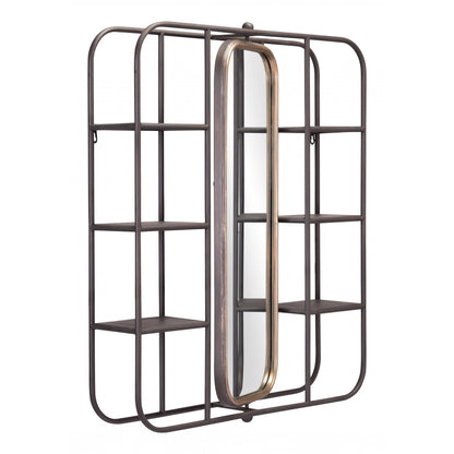 HomeRoots Industrial Gray Shelf with Gold Mirror