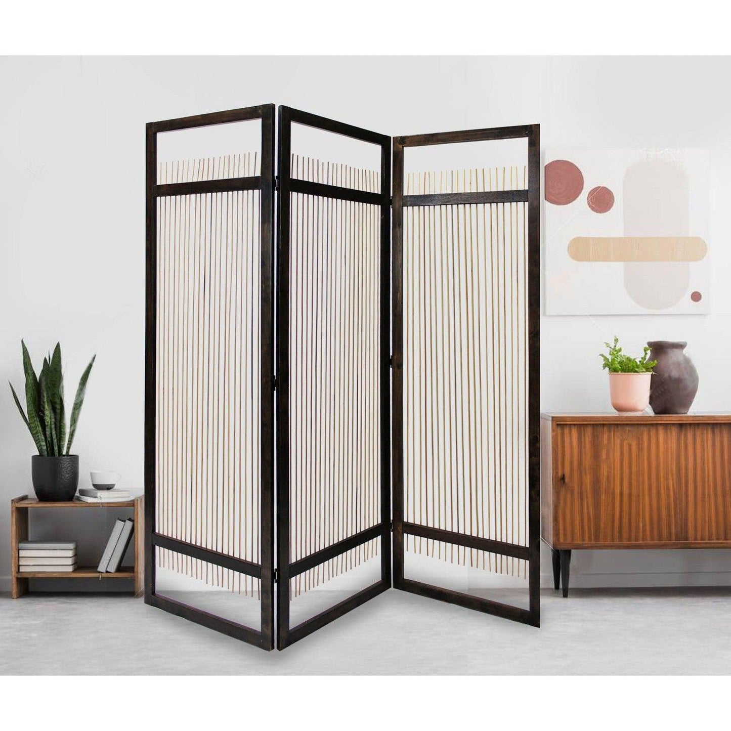 HomeRoots Light And Dark Rattan Three Panel Room Divider Screen