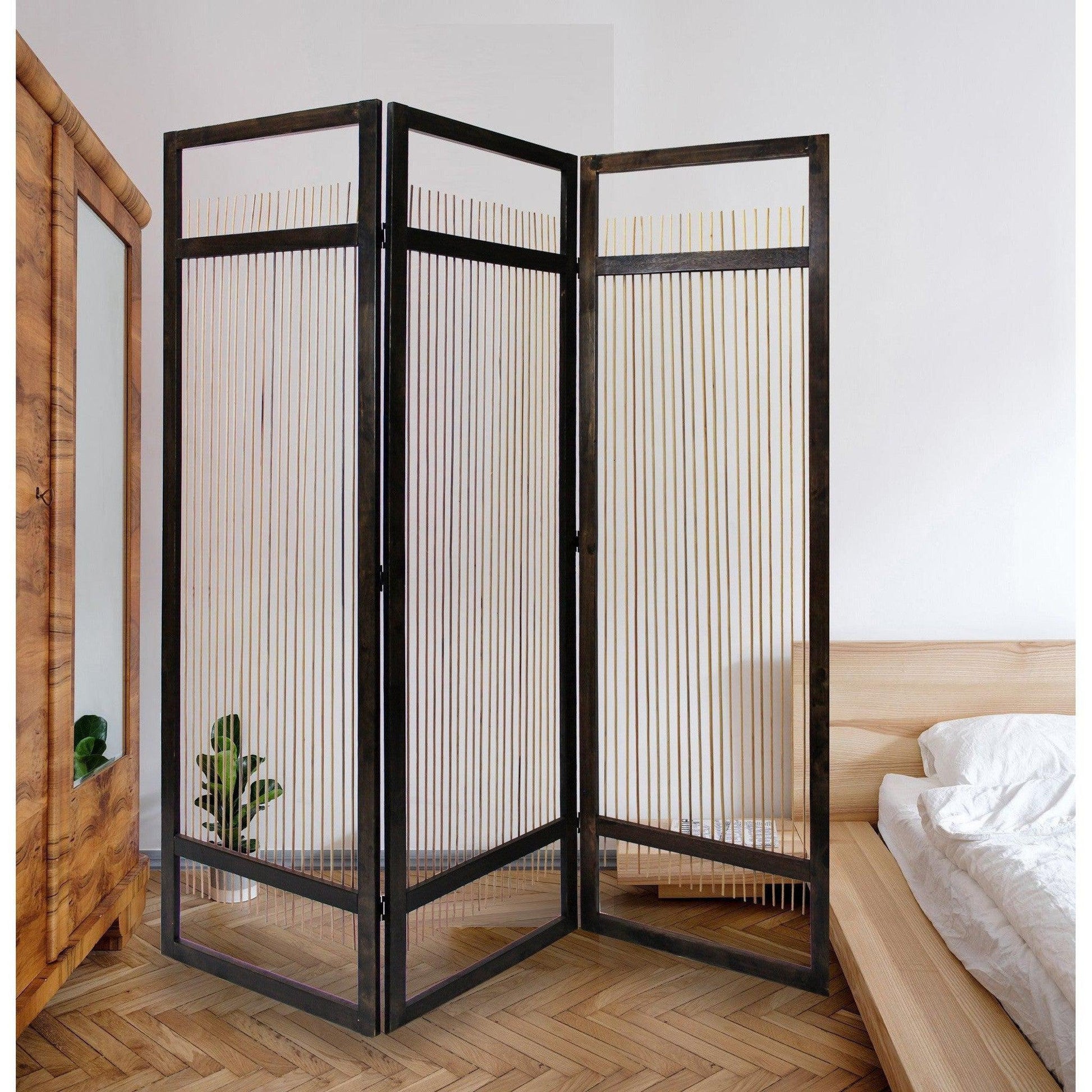 HomeRoots Light And Dark Rattan Three Panel Room Divider Screen