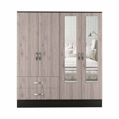 HomeRoots Light Oak and Black Four Door Wardrobe Closet With Mirrors
