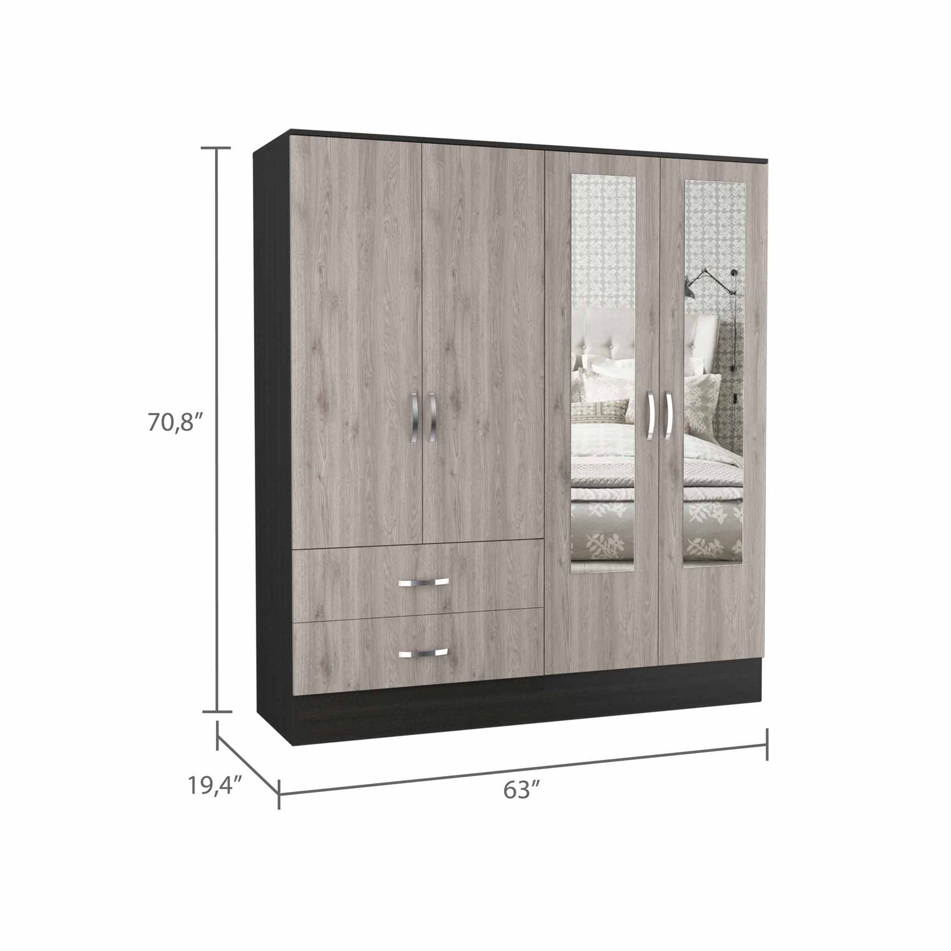 HomeRoots Light Oak and Black Four Door Wardrobe Closet With Mirrors