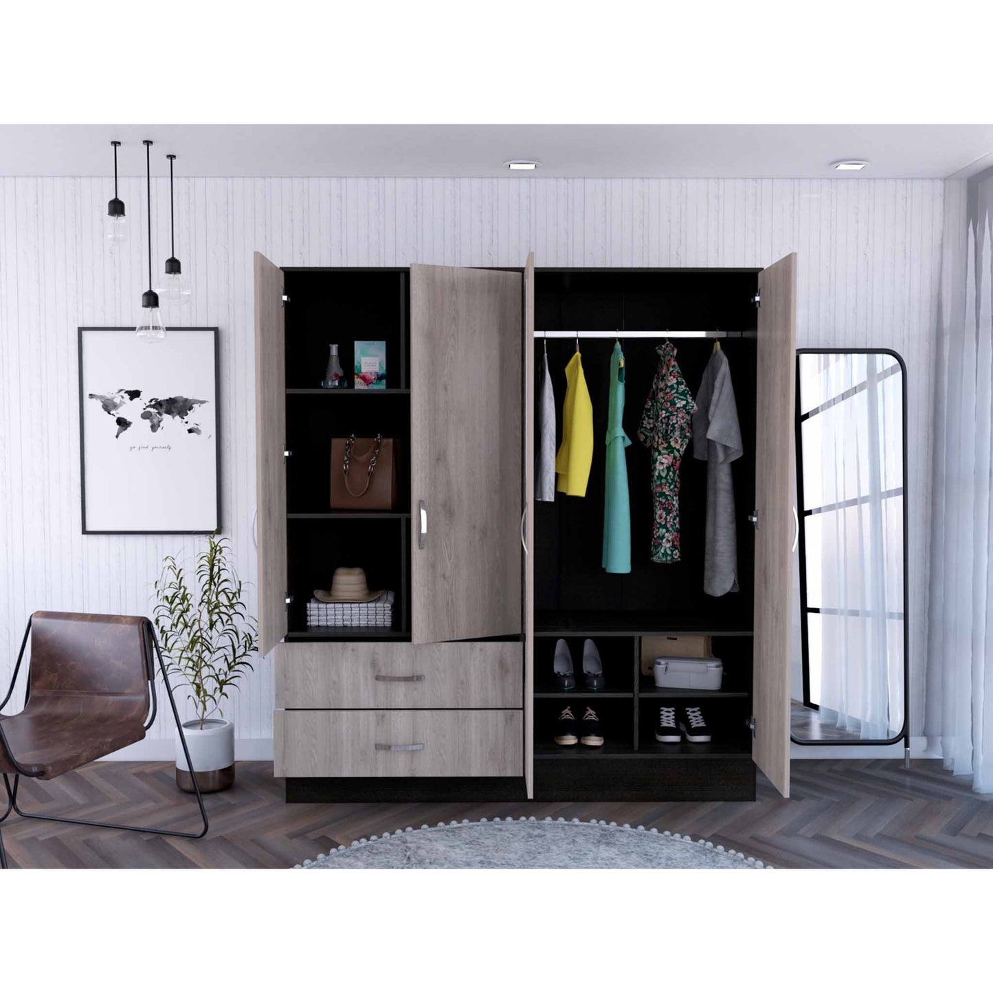 HomeRoots Light Oak and Black Four Door Wardrobe Closet With Mirrors
