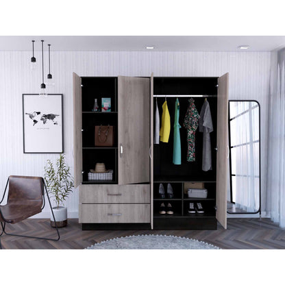 HomeRoots Light Oak and Black Four Door Wardrobe Closet With Mirrors