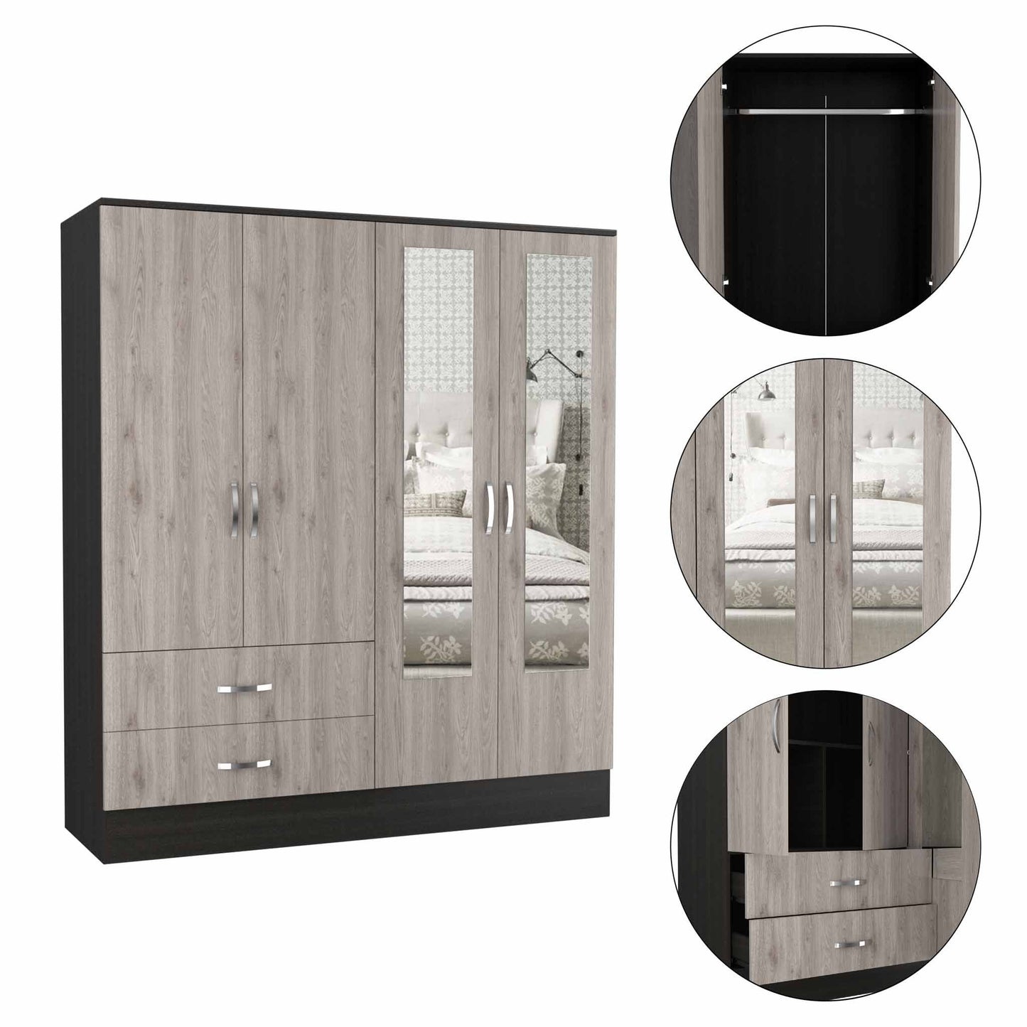 HomeRoots Light Oak and Black Four Door Wardrobe Closet With Mirrors