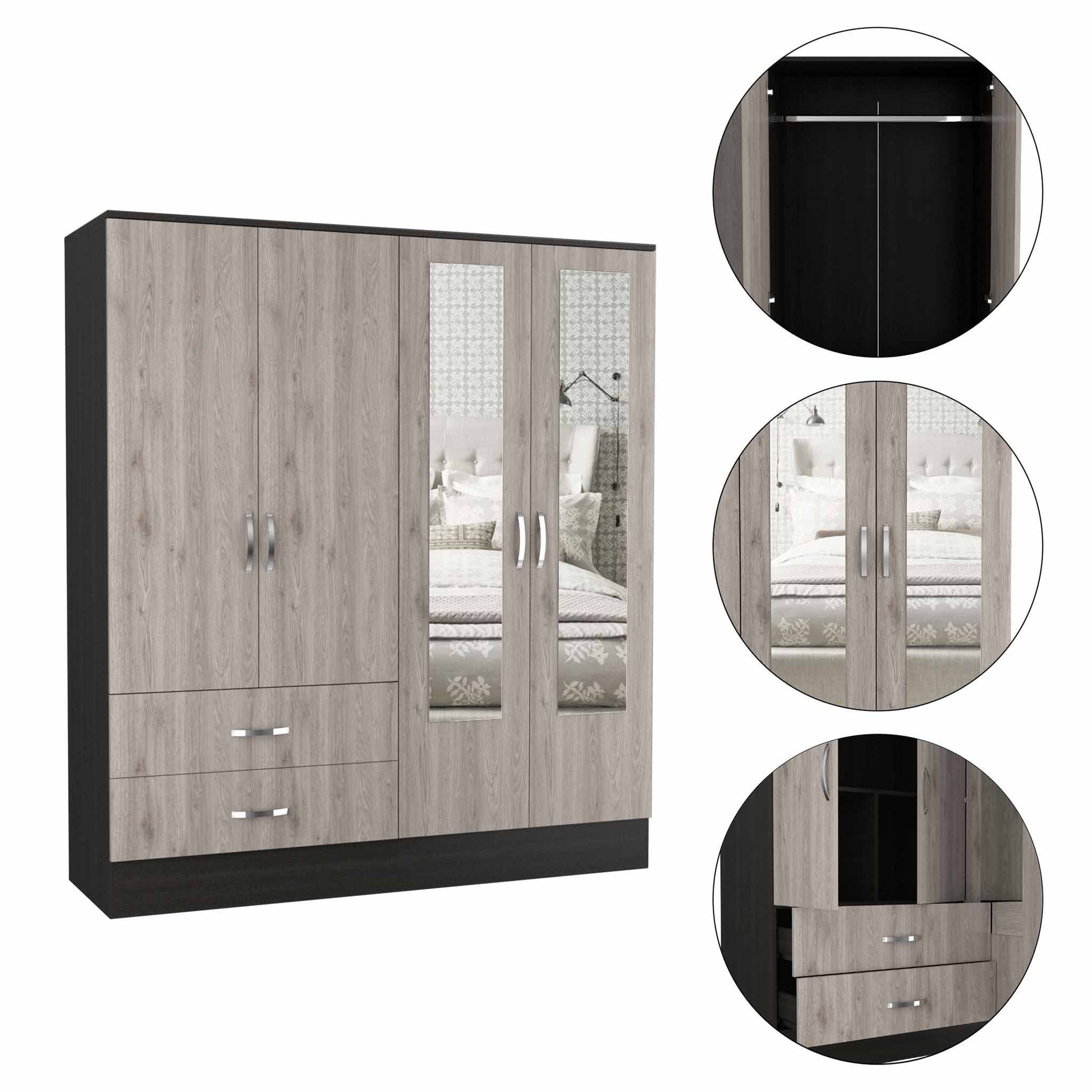 HomeRoots Light Oak and Black Four Door Wardrobe Closet With Mirrors