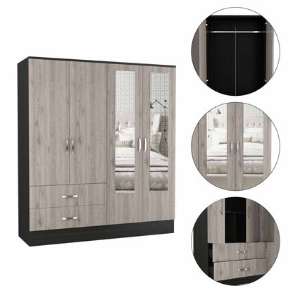 HomeRoots Light Oak and Black Four Door Wardrobe Closet With Mirrors