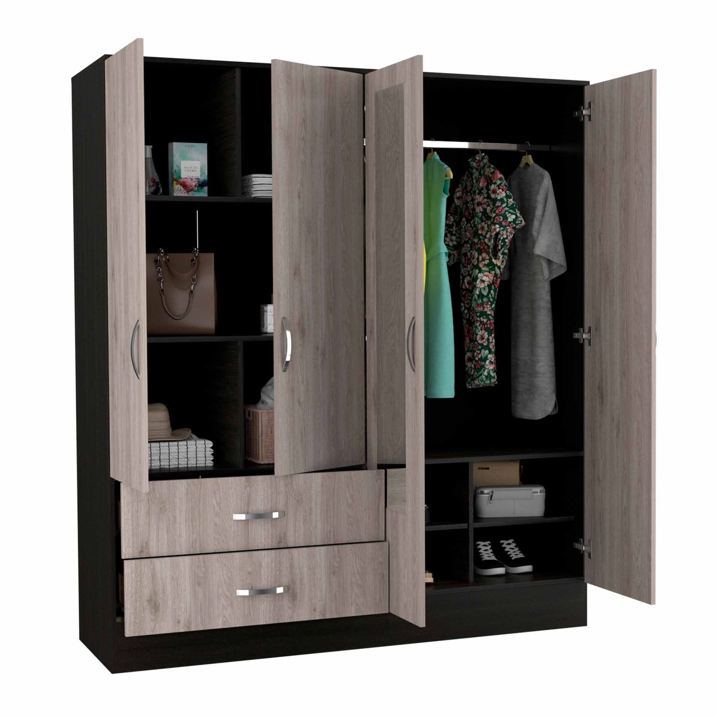 HomeRoots Light Oak and Black Four Door Wardrobe Closet With Mirrors