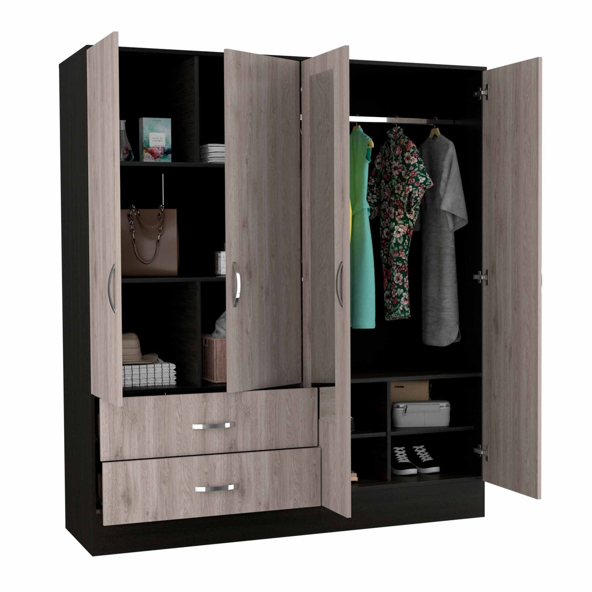 HomeRoots Light Oak and Black Four Door Wardrobe Closet With Mirrors