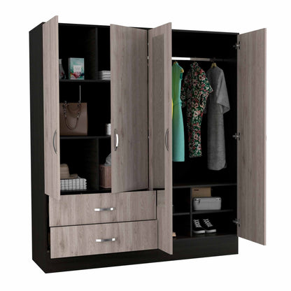 HomeRoots Light Oak and Black Four Door Wardrobe Closet With Mirrors