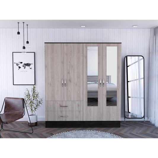 HomeRoots Light Oak and Black Four Door Wardrobe Closet With Mirrors