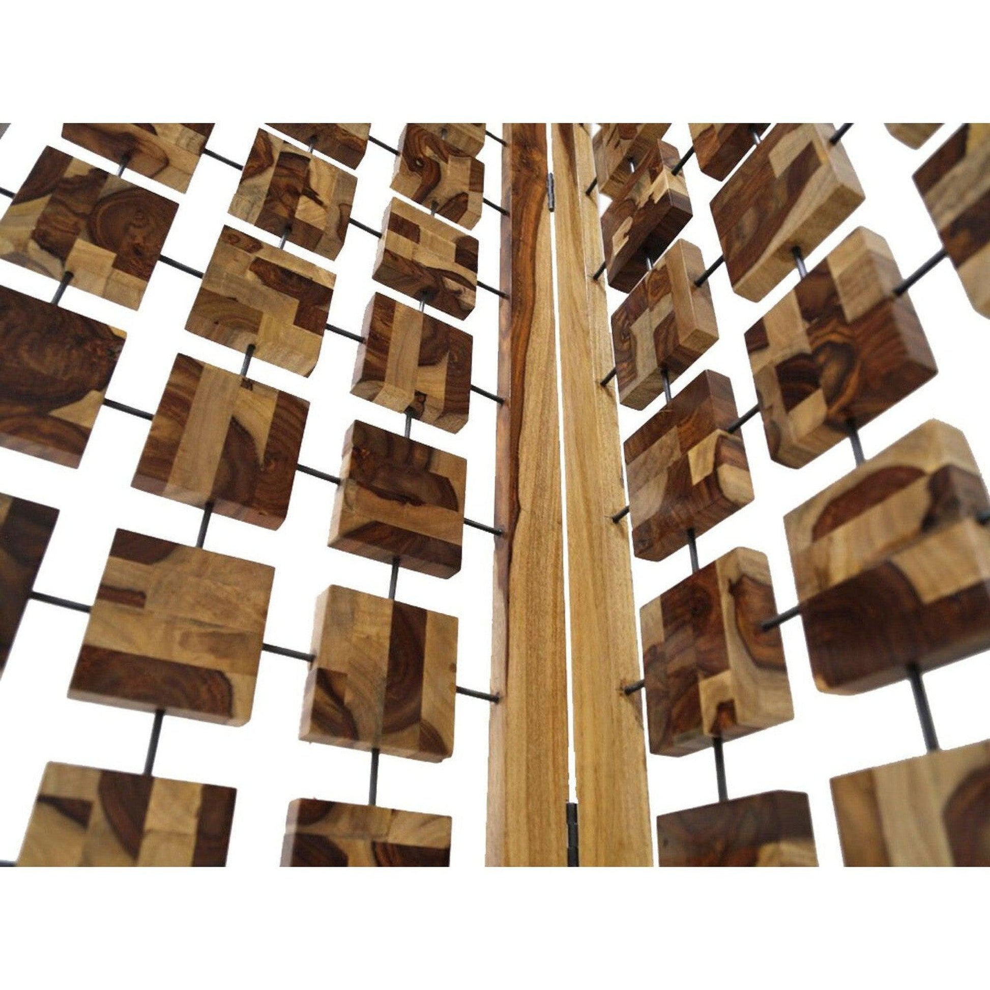 HomeRoots Mod Floating Wood Squares Three Panel Room Divider Screen in Brown Finish