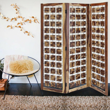 HomeRoots Mod Floating Wood Squares Three Panel Room Divider Screen in Brown Finish