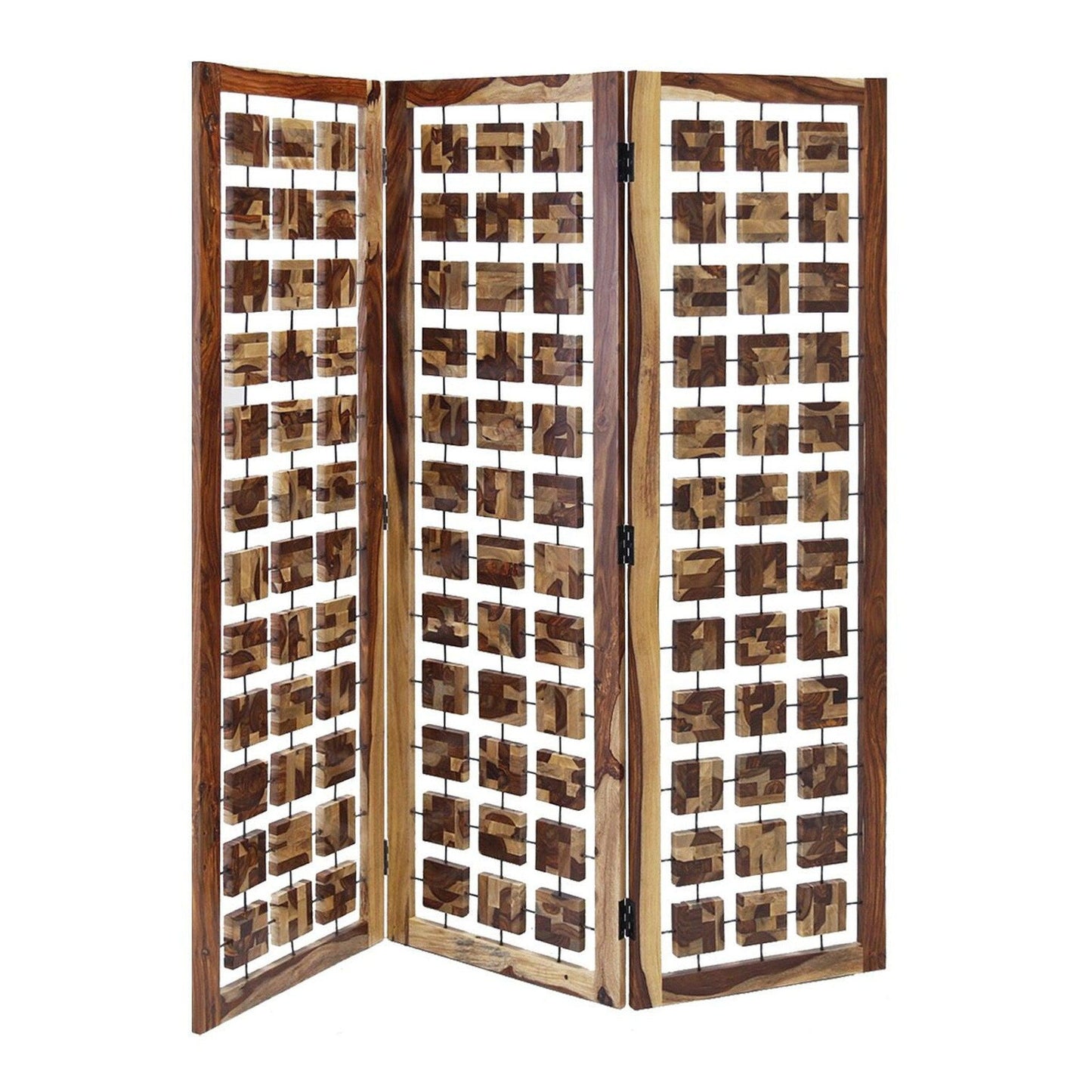 HomeRoots Mod Floating Wood Squares Three Panel Room Divider Screen in Brown Finish