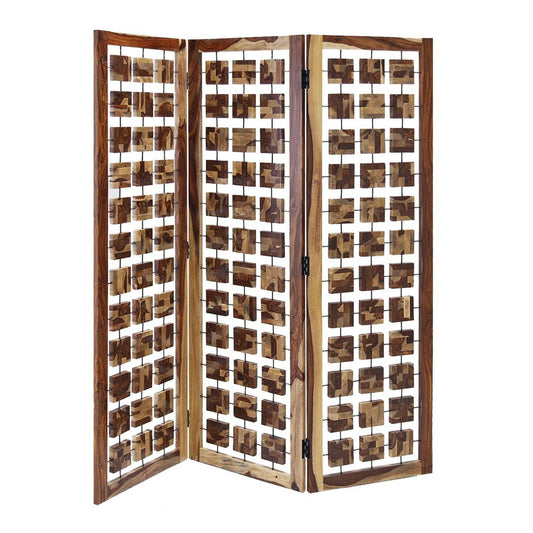 HomeRoots Mod Floating Wood Squares Three Panel Room Divider Screen in Brown Finish