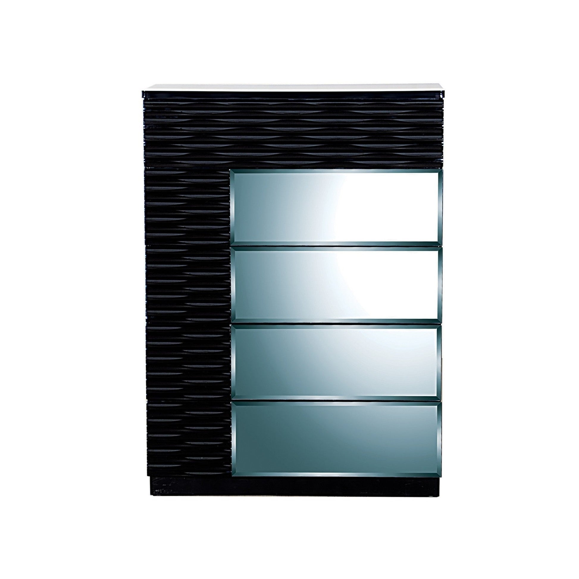 HomeRoots Modern Black Cabinet With Geometric Designed Panels 5 Drawers