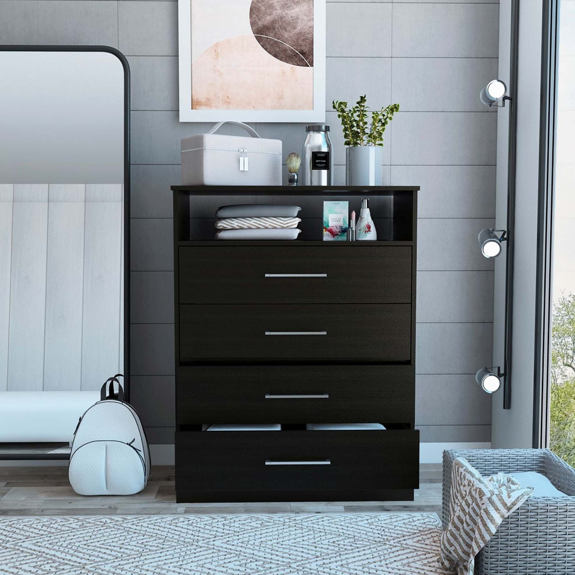 Modern Black Four Drawer Dresser with Hutch Modern Black Four Drawer Dresser with Hutch